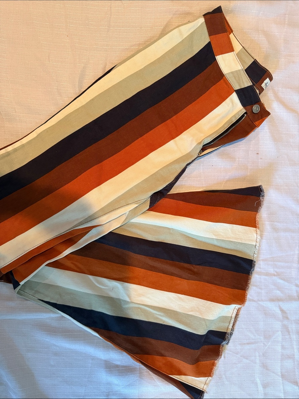 Peach Love California Multi-Stripe Bell Bottom Jeans in Rust, Sage, Navy & Cream